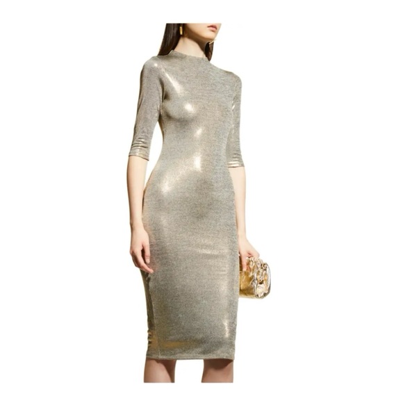 Alice + Olivia Delora Mock Neck Gold Fitted Midi Dress Size 4 Like New - Picture 3 of 14